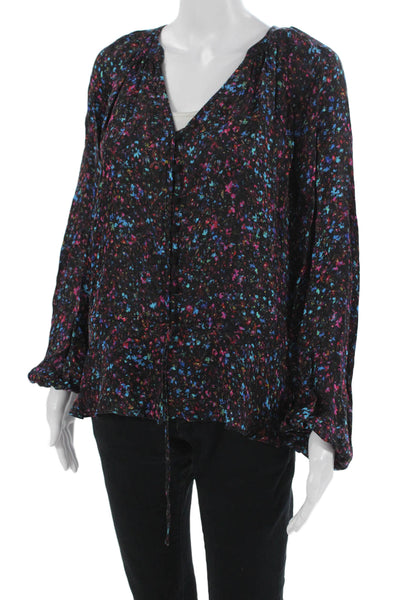 Parker Womens Bohemian Floral V-Neck Long Sleeve Black Rayon Blouse Size M