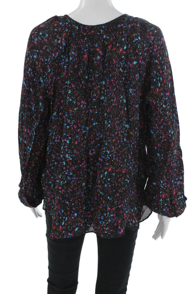 Parker Womens Bohemian Floral V-Neck Long Sleeve Black Rayon Blouse Size M