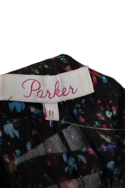 Parker Womens Bohemian Floral V-Neck Long Sleeve Black Rayon Blouse Size M