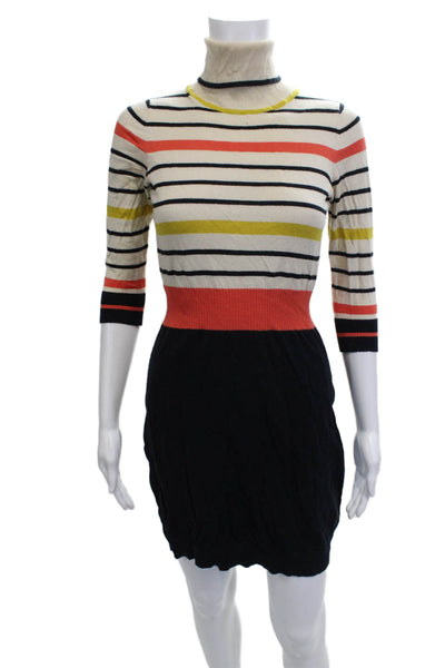 Milly Womens Mini Striped Sweater Dress Mock Neck 3/4 Sleeve Black Size S