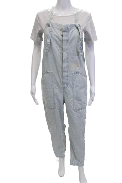 Zara Womens Light Blue Cotton Jumpsuit Square Neck Size S