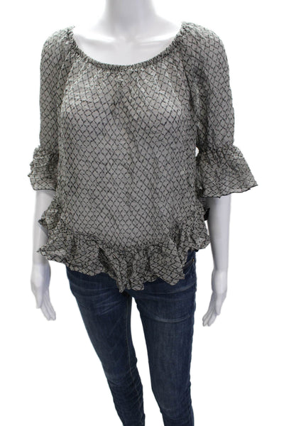 Isabel Marant Womens Gray Argyle Silk Round Neck 3/4 Sleeve Blouse Size 34