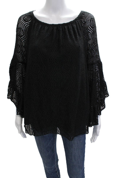 Fever Women Tunic Black Geometric Round Neck Long Sleeve Boho Size M