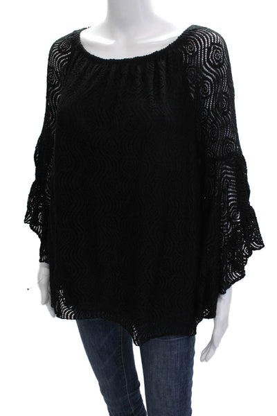 Fever Women Tunic Black Geometric Round Neck Long Sleeve Boho Size M