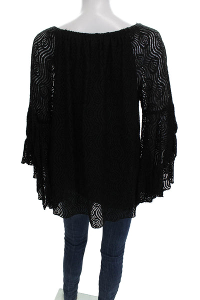 Fever Women Tunic Black Geometric Round Neck Long Sleeve Boho Size M