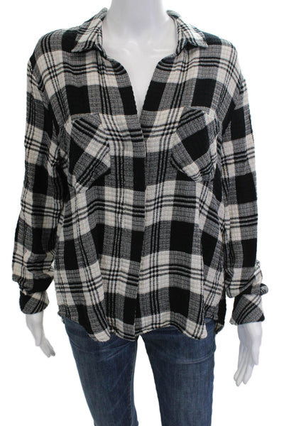 Bella Dahl Womens Black Plaid Collared Long Sleeve Button-Up Top Size M