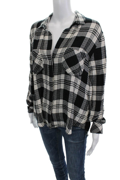 Bella Dahl Womens Black Plaid Collared Long Sleeve Button-Up Top Size M