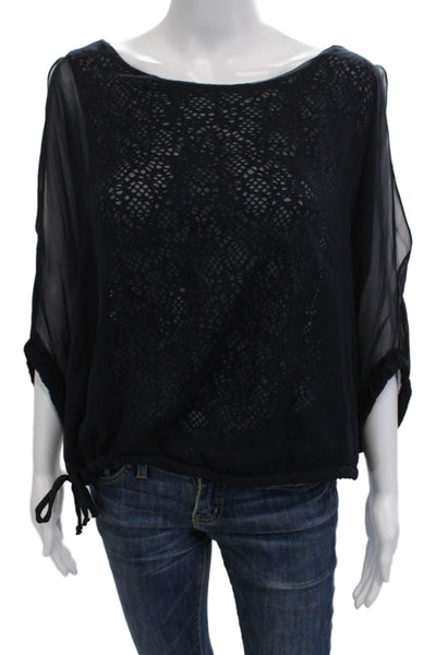 Lola & Sophie Women Black Boho Round Neck Drawstring 3/4 Sleeve Blouse Size S