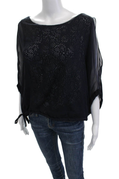Lola & Sophie Women Black Boho Round Neck Drawstring 3/4 Sleeve Blouse Size S