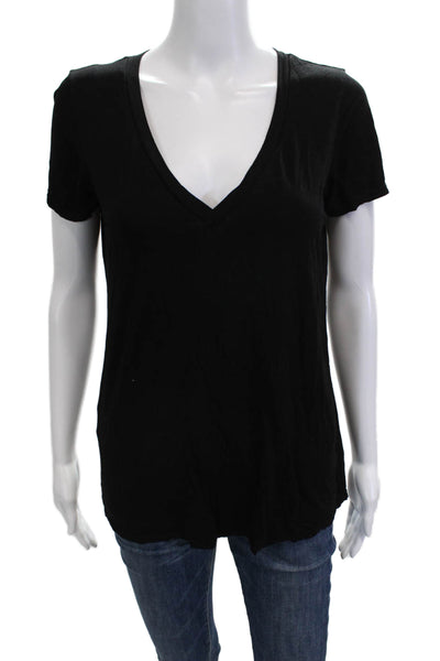 Michael Lauren Women Black V Neck Basic T Shirt Short Sleeve Size L