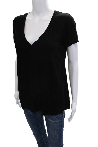 Michael Lauren Women Black V Neck Basic T Shirt Short Sleeve Size L