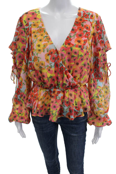 GUESS Womens Floral V-Neck Long Sleeve Drawstring Blouse Multi-Color Size M