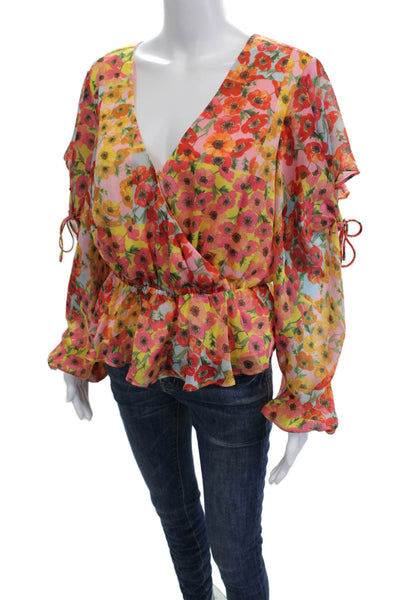 GUESS Womens Floral V-Neck Long Sleeve Drawstring Blouse Multi-Color Size M