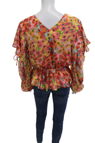 GUESS Womens Floral V-Neck Long Sleeve Drawstring Blouse Multi-Color Size M
