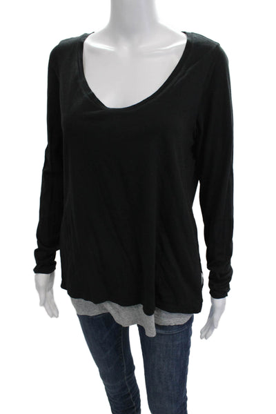 Vince Womens V-Neck Long Sleeve Basic T-Shirt Black Pima Modal Size M