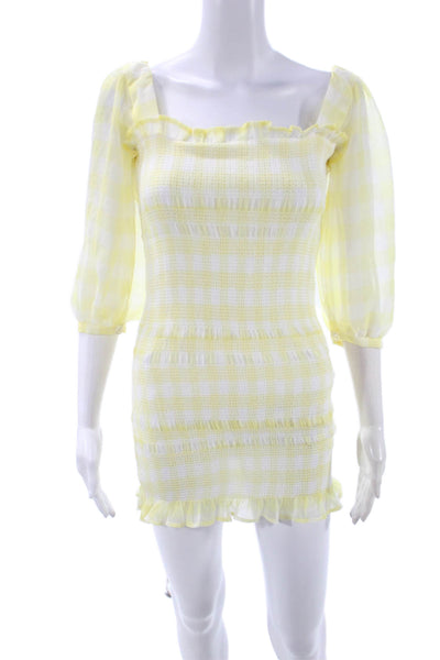 Capulet Women White Check Square Neck 3/4 Sleeve Mini Bodycon Dress Size XS