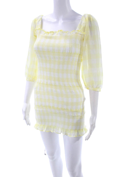 Capulet Women White Check Square Neck 3/4 Sleeve Mini Bodycon Dress Size XS