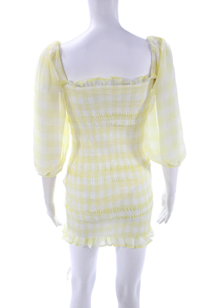 Capulet Women White Check Square Neck 3/4 Sleeve Mini Bodycon Dress Size XS