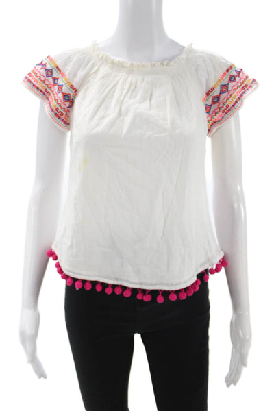 Christophe Sauvat Women Geometric Cotton Round Neck Blouse White Size XS