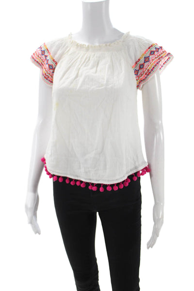 Christophe Sauvat Women Geometric Cotton Round Neck Blouse White Size XS