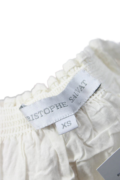 Christophe Sauvat Women Geometric Cotton Round Neck Blouse White Size XS