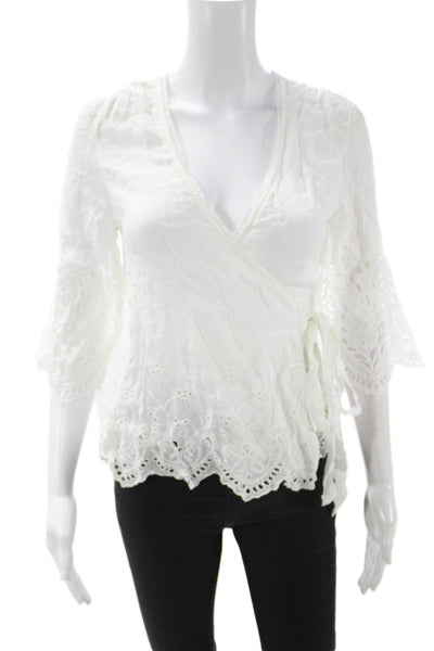 Allsaints Womens V-Neck Tie Boho Blouse 3/4 Sleeve White Size 00