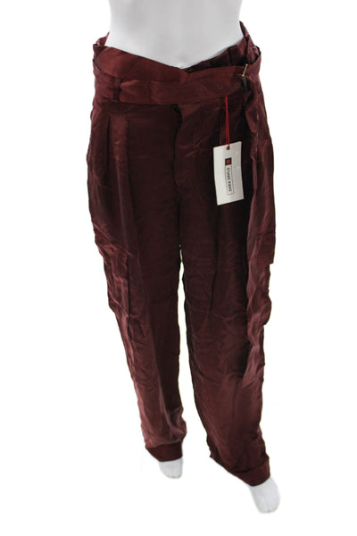 Zara Mens Paperbag Dress Pants Brown 100% Cupro Buckle Fall Size M