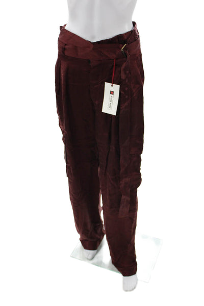 Zara Mens Paperbag Dress Pants Brown 100% Cupro Buckle Fall Size M