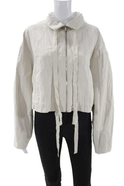 MNG Women Windbreaker Jacket Beige Collared Zip Long Sleeve Cotton Linen Size L
