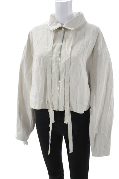 MNG Women Windbreaker Jacket Beige Collared Zip Long Sleeve Cotton Linen Size L