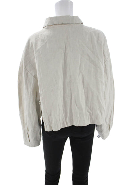 MNG Women Windbreaker Jacket Beige Collared Zip Long Sleeve Cotton Linen Size L