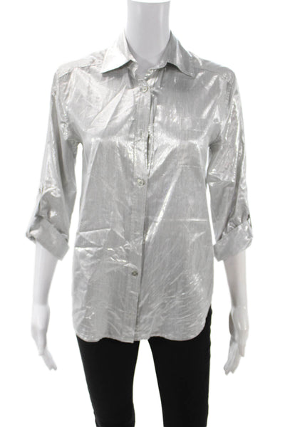 Alice + Olivia Women Gray Collared Button Up Blouse Viscose Tencel Size XS