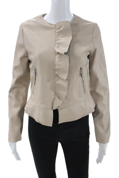 Zara Basic Women Beige Polyester PU Zip Round Neck Classic Jacket Size S