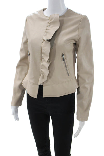 Zara Basic Women Beige Polyester PU Zip Round Neck Classic Jacket Size S