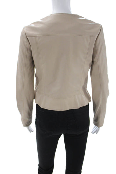 Zara Basic Women Beige Polyester PU Zip Round Neck Classic Jacket Size S