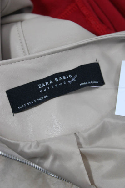 Zara Basic Women Beige Polyester PU Zip Round Neck Classic Jacket Size S