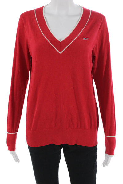 Vineyard Vines Women Red V Neck Pullover Sweater Pima Cotton Cashmere Size S
