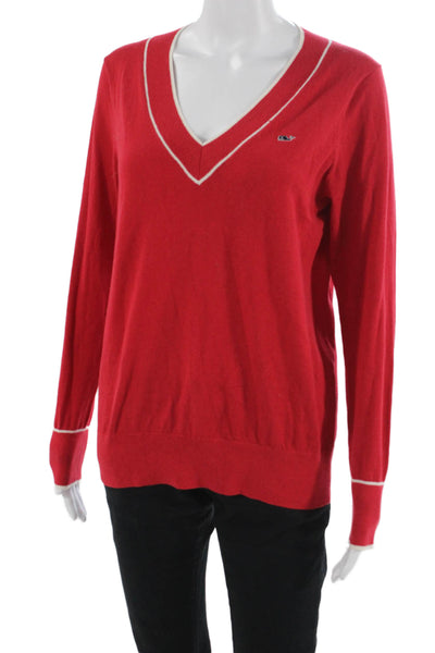Vineyard Vines Women Red V Neck Pullover Sweater Pima Cotton Cashmere Size S