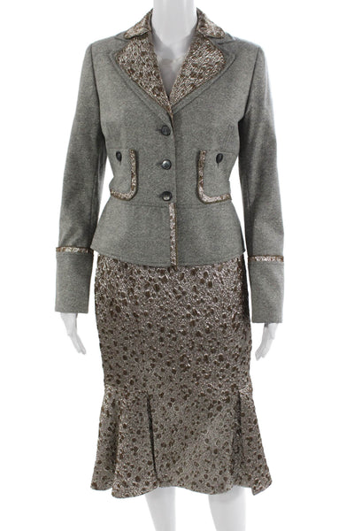 Carolina Herrera Womens Gray Wool Animal Print 2 Piece Suit Collared Size 4
