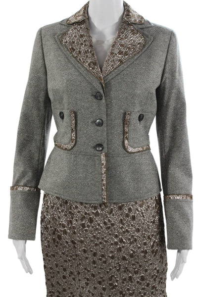 Carolina Herrera Womens Gray Wool Animal Print 2 Piece Suit Collared Size 4