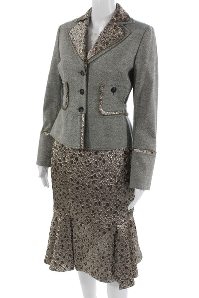 Carolina Herrera Womens Gray Wool Animal Print 2 Piece Suit Collared Size 4
