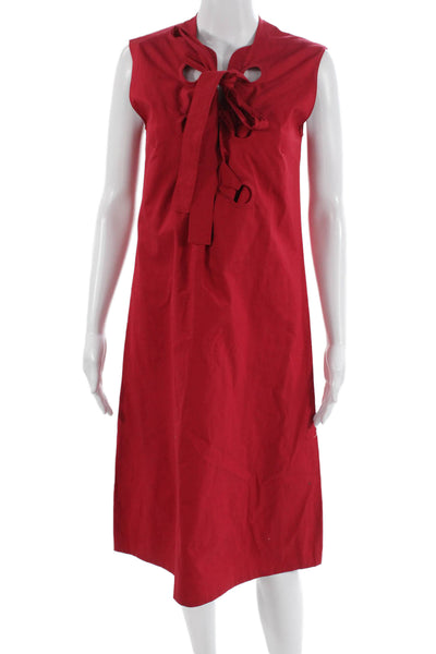 Derek Lam Women Shift Dress Red Tie Waist Sleeveless Cotton Size 42