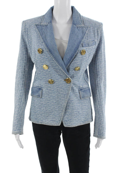 Balmain Women Light Blue Geometric Cotton Blazer Long Sleeve Size 40