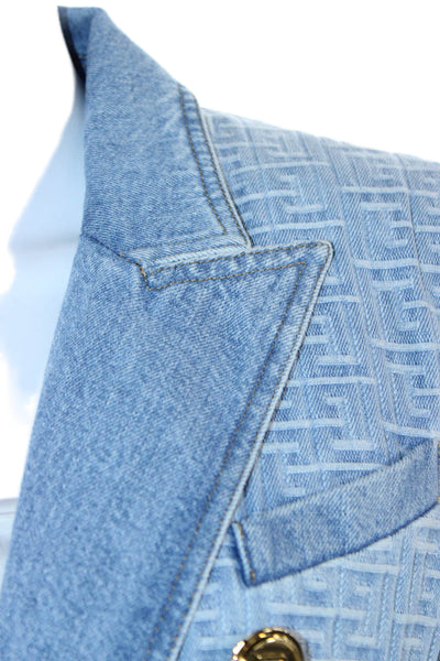 Balmain Women Light Blue Geometric Cotton Blazer Long Sleeve Size 40