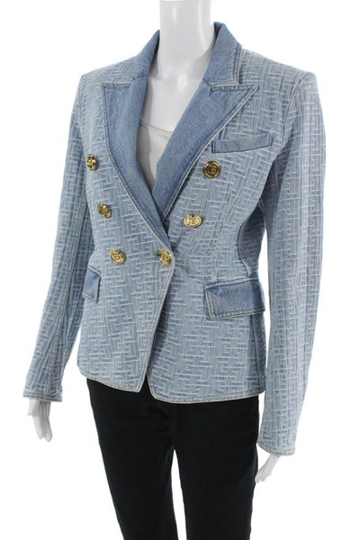 Balmain Women Light Blue Geometric Cotton Blazer Long Sleeve Size 40