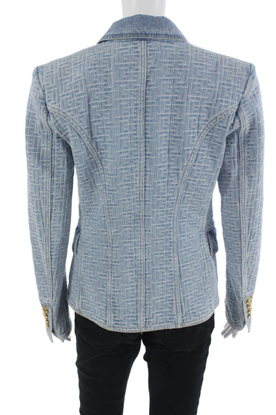 Balmain Women Light Blue Geometric Cotton Blazer Long Sleeve Size 40