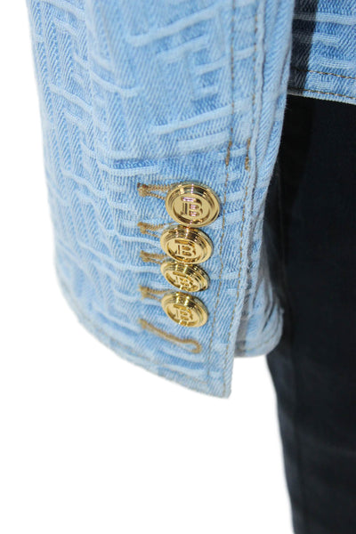 Balmain Women Light Blue Geometric Cotton Blazer Long Sleeve Size 40