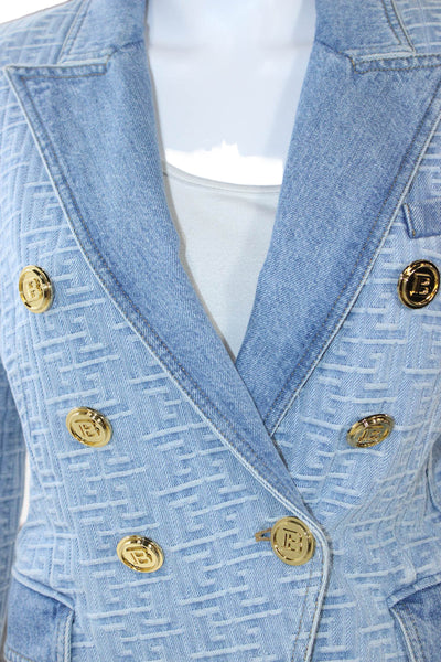 Balmain Women Light Blue Geometric Cotton Blazer Long Sleeve Size 40