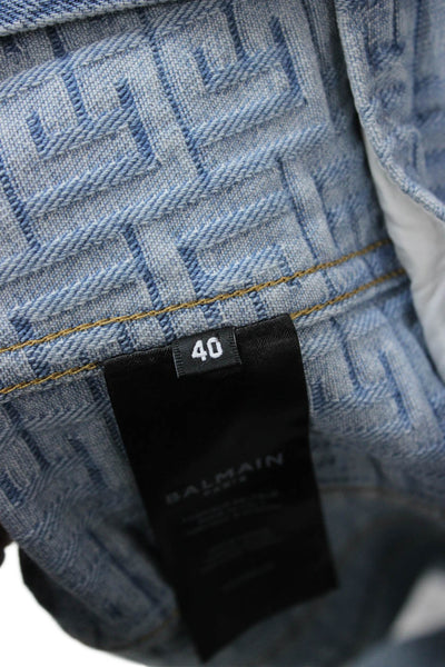 Balmain Women Light Blue Geometric Cotton Blazer Long Sleeve Size 40