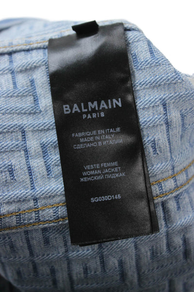 Balmain Women Light Blue Geometric Cotton Blazer Long Sleeve Size 40